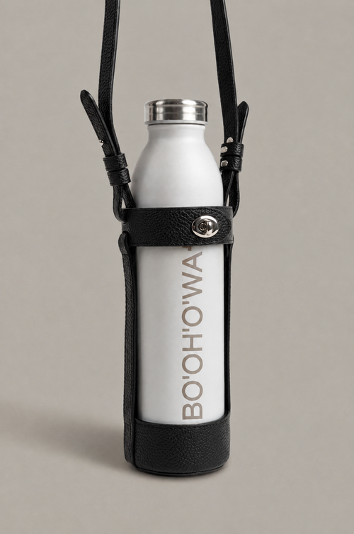 BO'OH X HOLDA Bundle, White: white BO'OH'O'WA'ER bottle in the pebbled vegan leather BO'OH HOLDA with crossbody strap